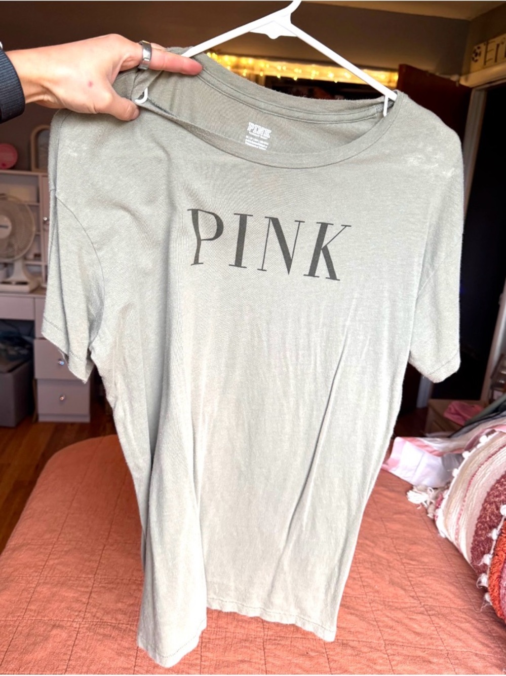 PINK Victoria's Secret Olive Green Logo Short Sleeve Tee